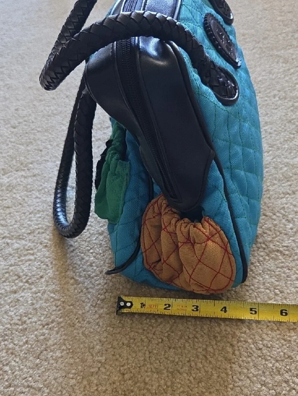 ANGELA FRASCONE Quilted Blue & Green Decorative Satchel Braided Black Handles